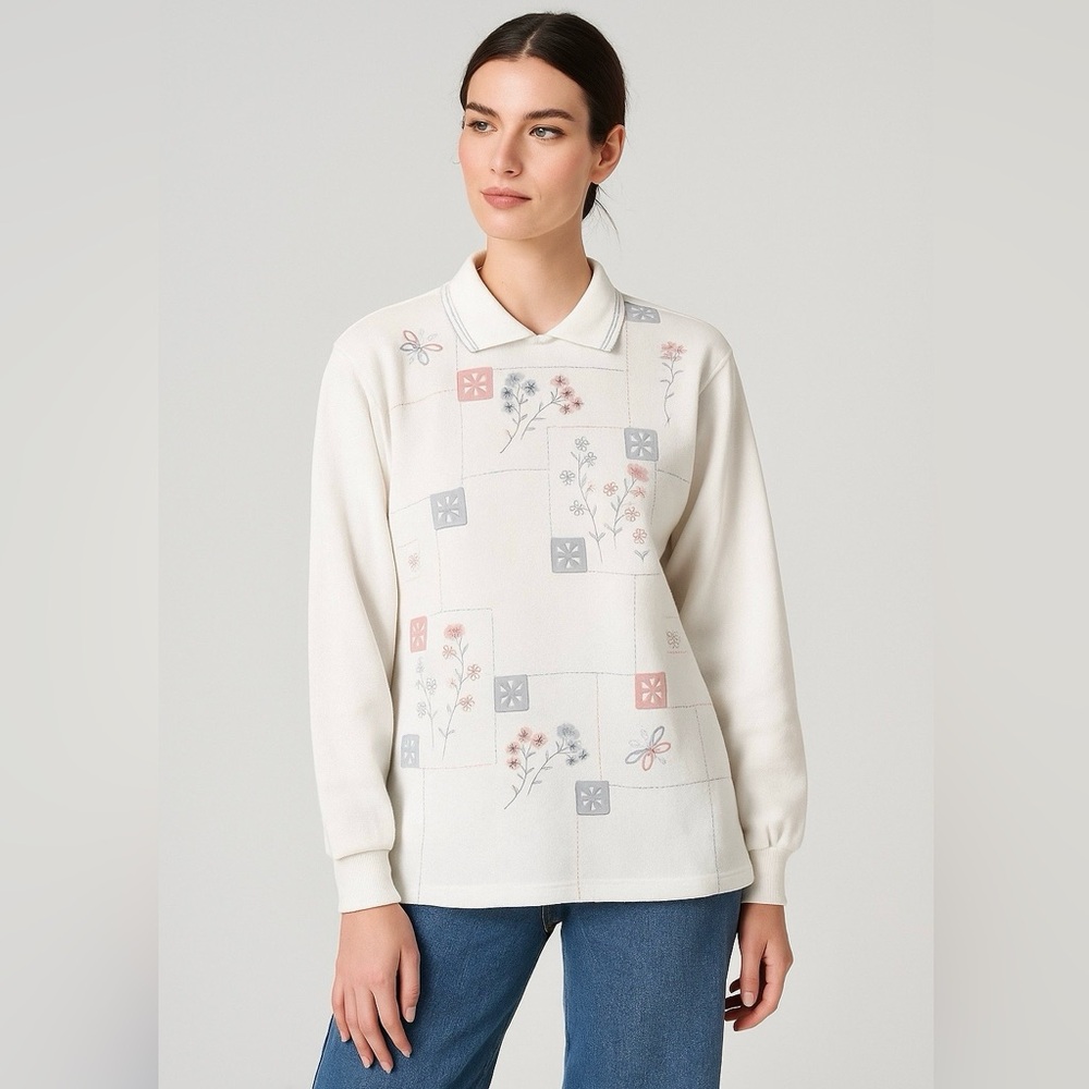 VINTAGE | Ivory Sweater with Pastel Striped Collar & 3D Flowers & butte…